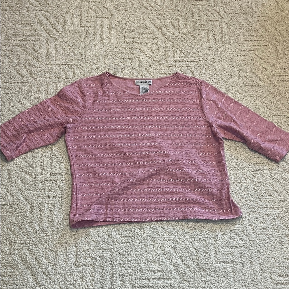 Sag harbor Pink Textured 3/4 Sleeve shimmer top Large coquette grandmacore